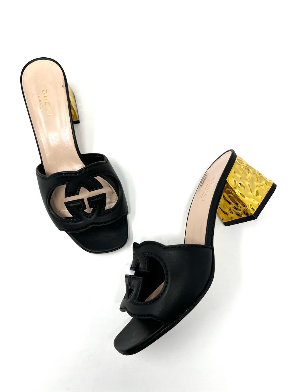 Gucci Interlocking G Gg Logo Cutout Slides Sandals Heels Black Leather Gold 36 6